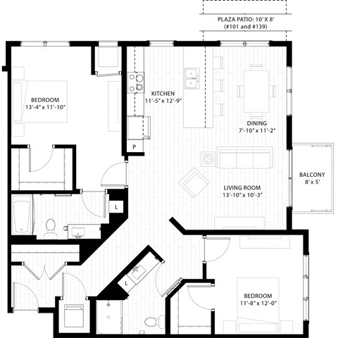 Floor plan for 2 beds, 2 baths, 1224 sqft